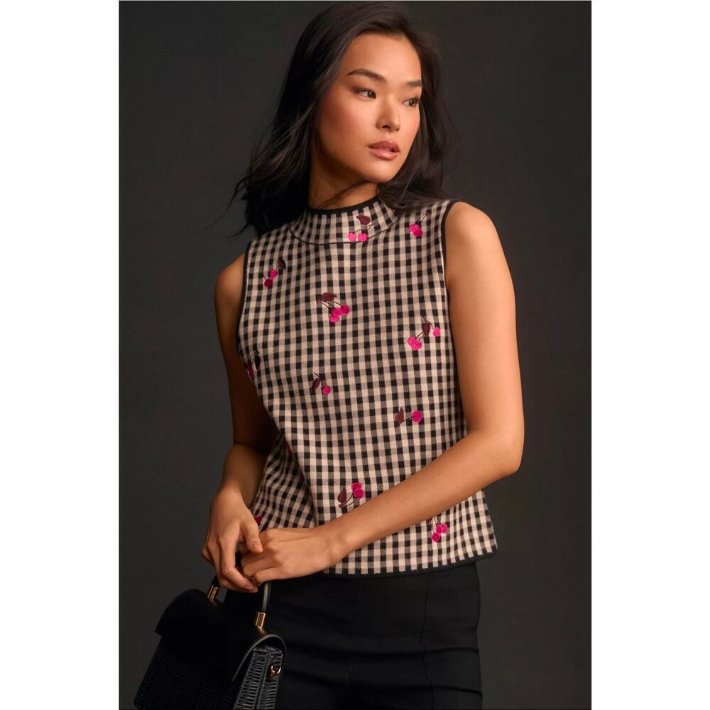 Maeve Sleeveless Mock Neck Plaid & Cherries Sweater Tank. Retails $98